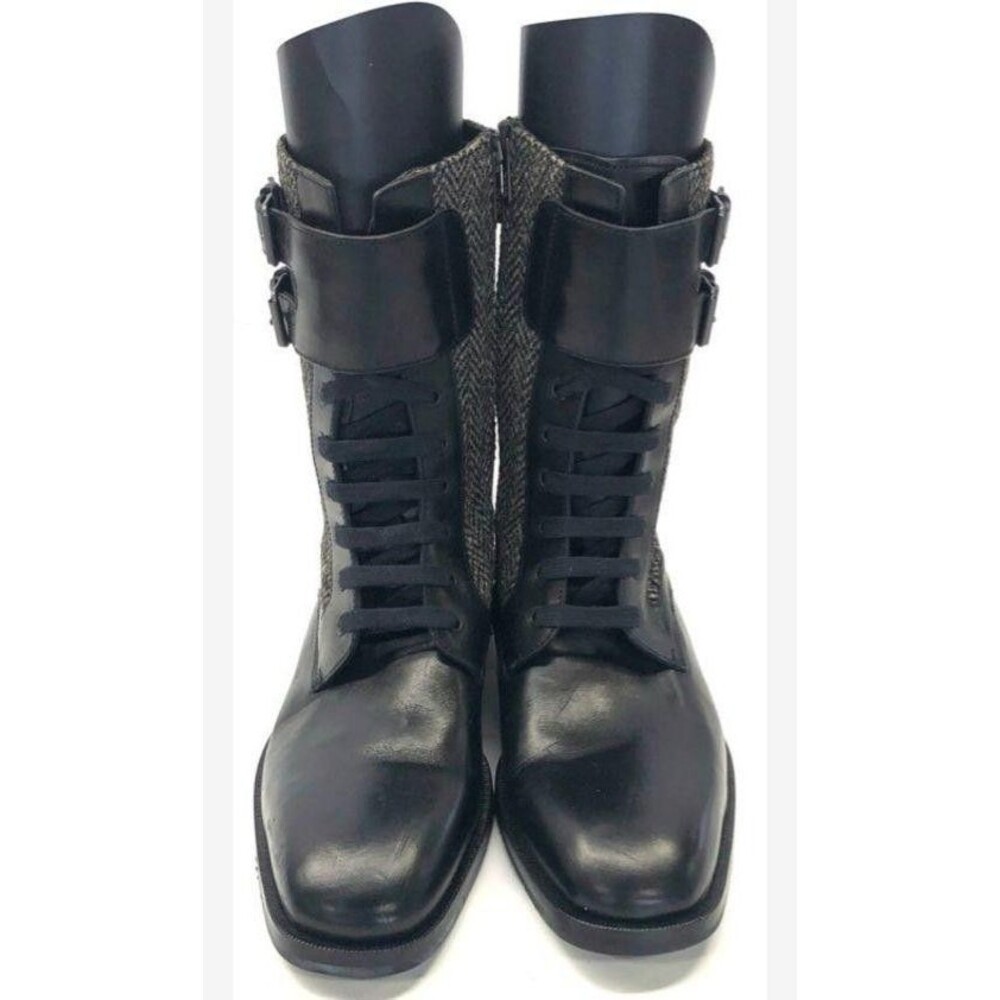 Hugo Boss Boots Men 8 Black Leather Tweed Combat Buckle Lace Up Made Italy EU 41
